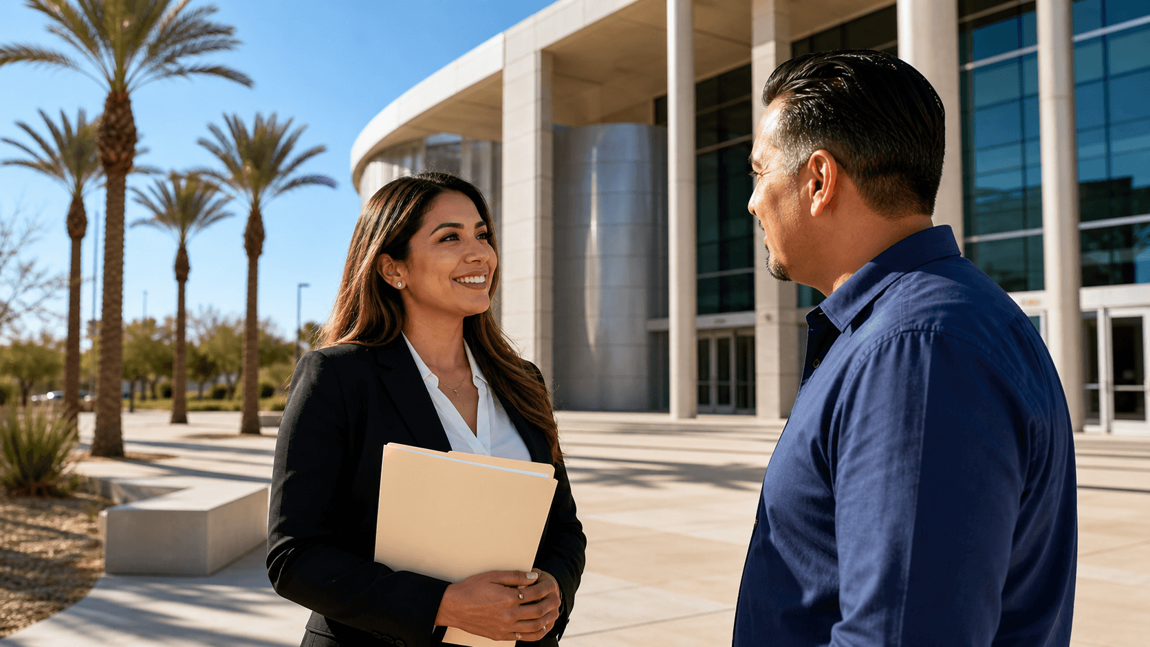 Sunlit modern courthouse facade with palm trees and a clear blue sky in a desert city.